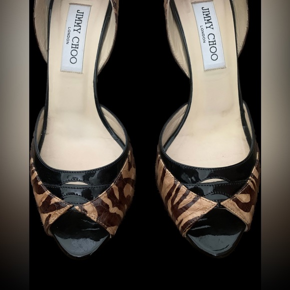 Jimmy Choo Black Browns Animal Print Heels Peep Toe Pumps Shoes 37.5 US 7 Fall - Picture 5 of 13